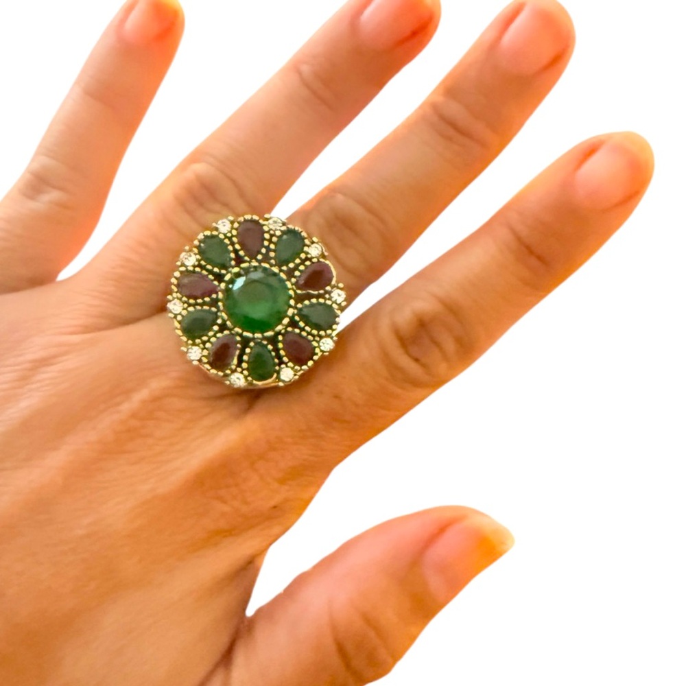 1990’s Vintage Silver Statement Ring w/ Ruby Red & Emerald Green Stones, 6.5